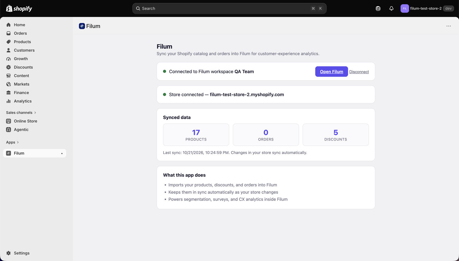 The Filum app in Shopify admin showing "Connected to Filum workspace"
