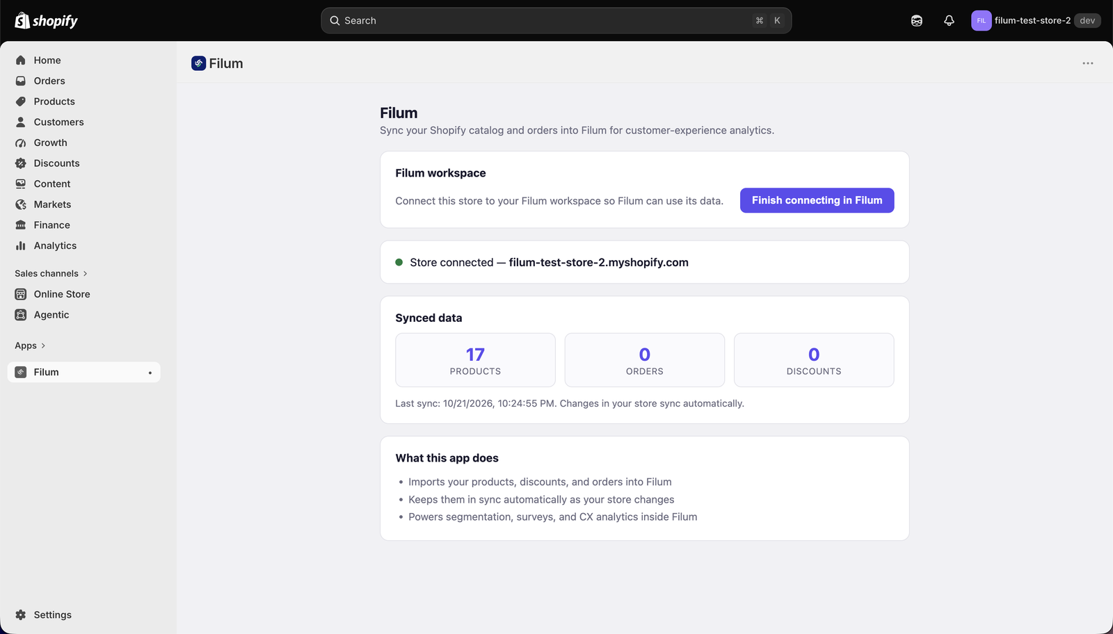 The Filum app in Shopify admin, with the "Finish connecting in Filum" button