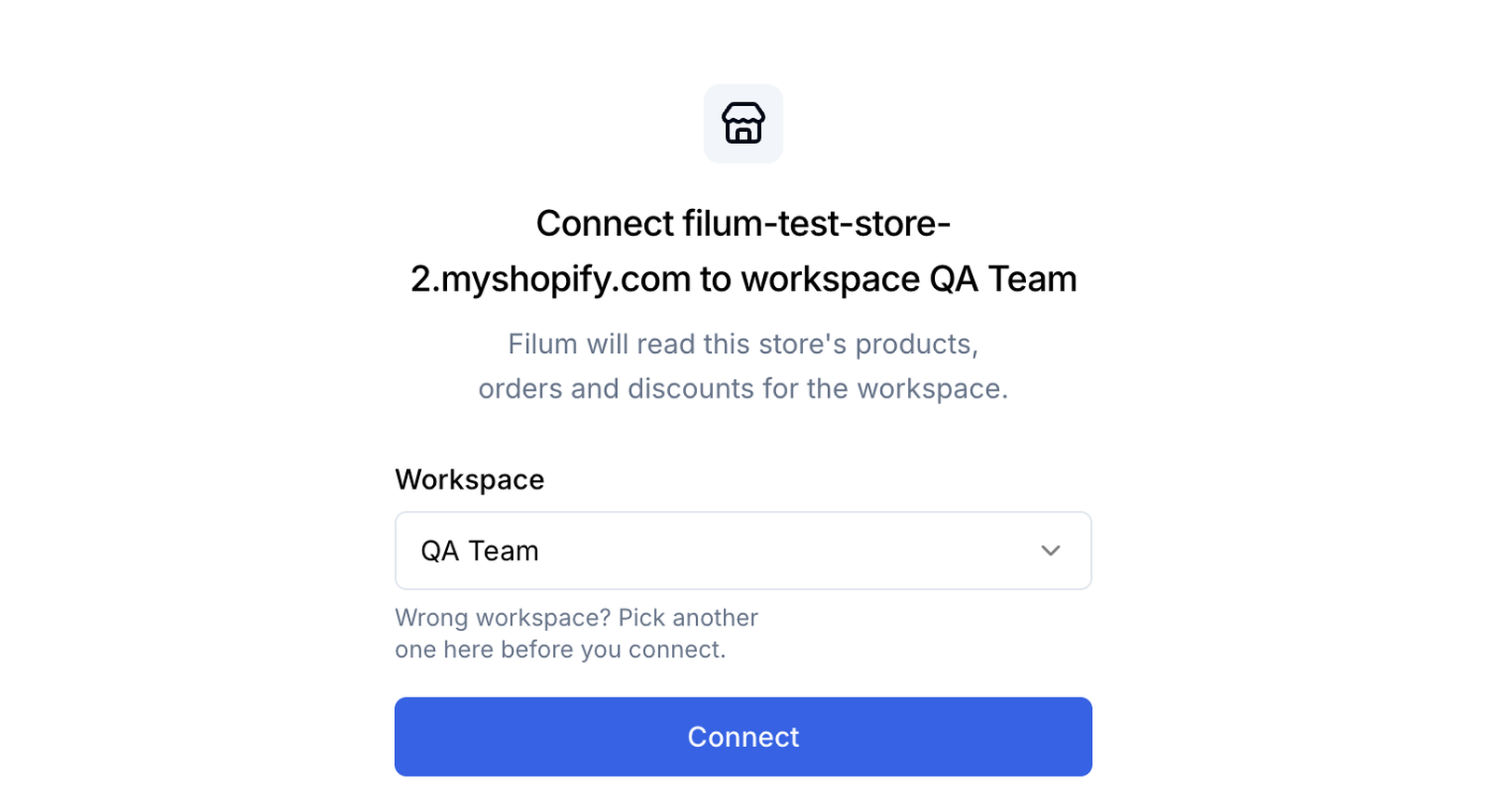 Filum asks to connect the store to a workspace, with a workspace picker and a Connect button