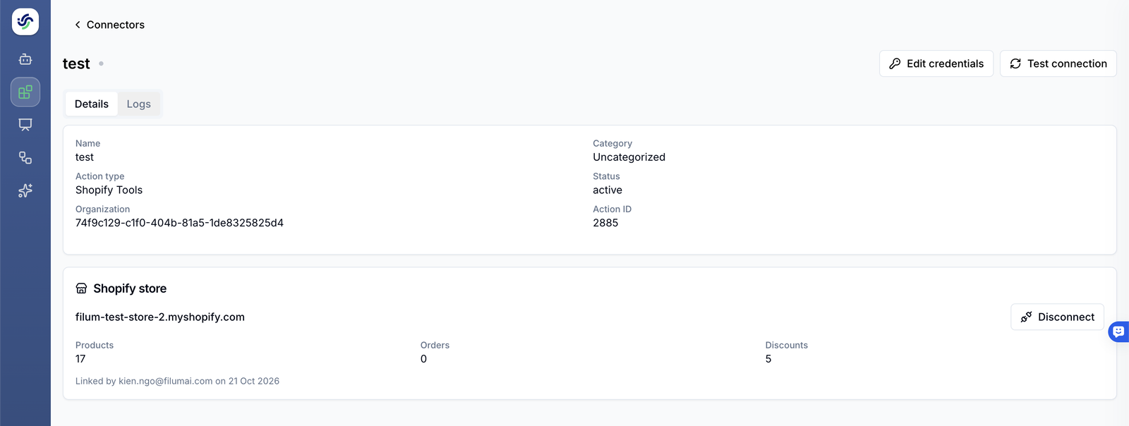 The Shopify Tools connector in Filum showing the connected store and its counts